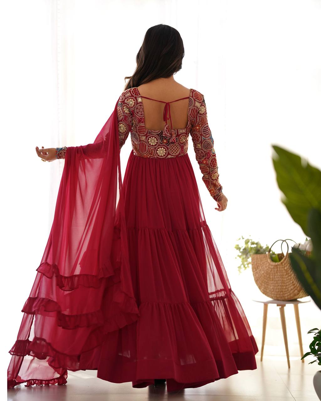 Complete look of fox georgette Anarkali suit set with dupatta and pant for wedding wear