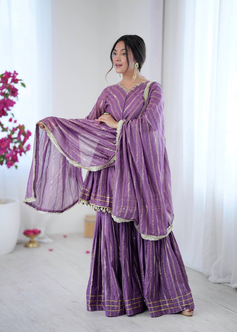 Full length purple and golden sharara set for women, traditional festive and party wear ethnic outfit