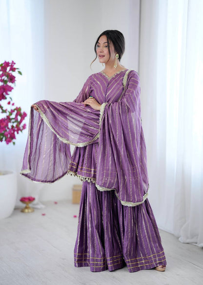 Full length purple and golden sharara set for women, traditional festive and party wear ethnic outfit