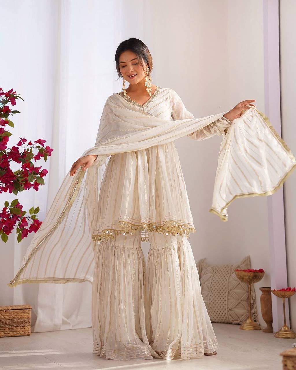 Full length white and golden sharara set for women, traditional festive and party wear ethnic outfit