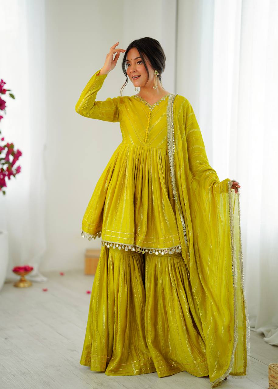 Full length yellow and golden sharara set for women, traditional festive and party wear ethnic outfit