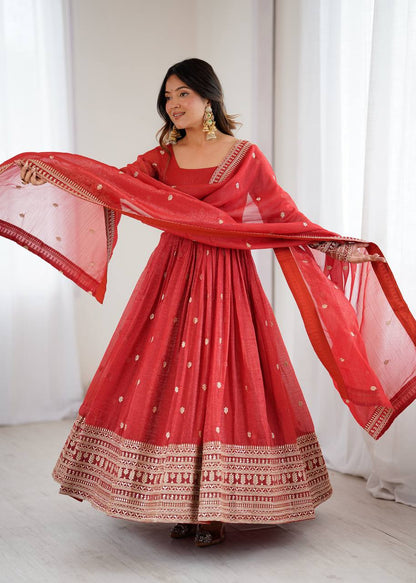 Fully flared rust crunchy silk Anarkali gown festive wear for women