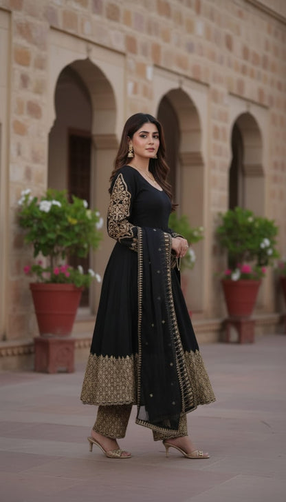 Fully stitched black blooming georgette Anarkali suit with embroidery and 3.5 meter flair