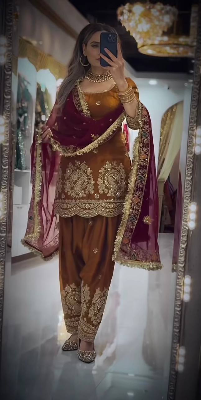 Gold embroidered farshi salwar suit for women, perfect wedding and festive outfit