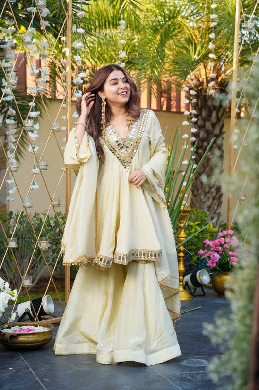 Gold sharara suit with lace border dupatta festive wear