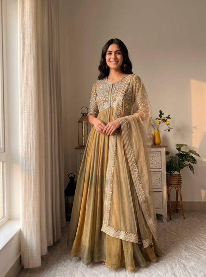 Golden beige designer embroidered gown front view