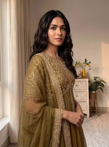 Golden beige designer gown with elegant lace bordered dupatta