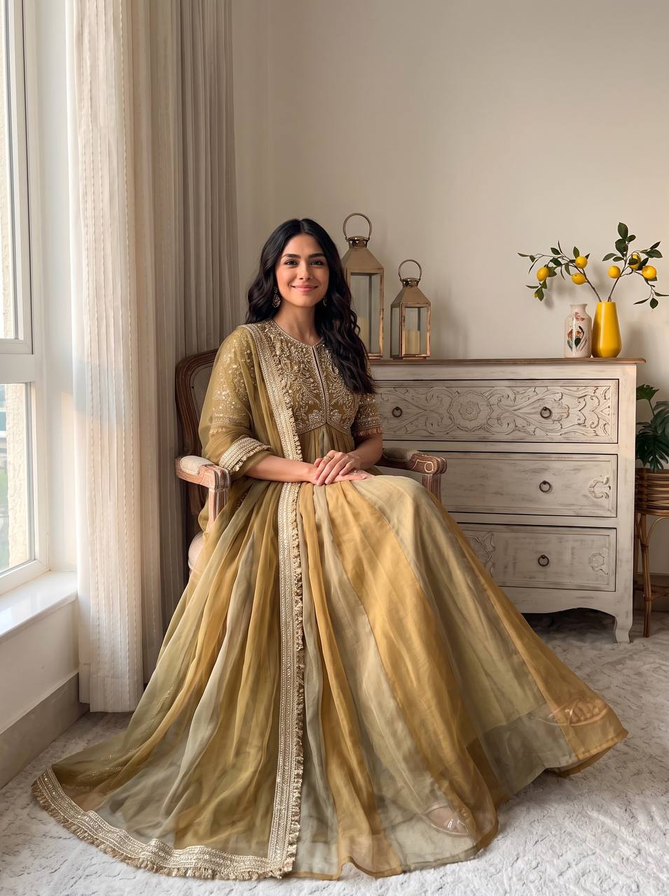Golden beige gown with detailed embroidery and bead work