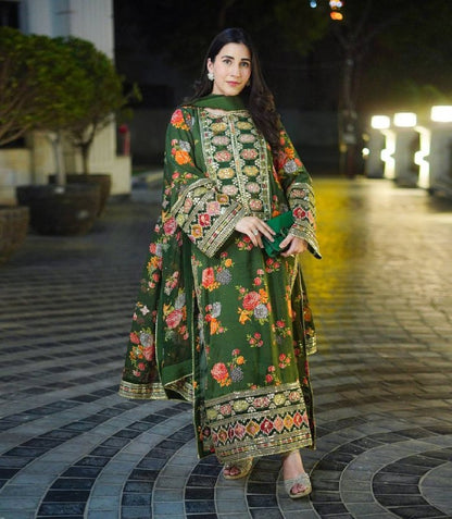 Green digital printed suit with matching dupatta, floral pattern ethnic wear for women
