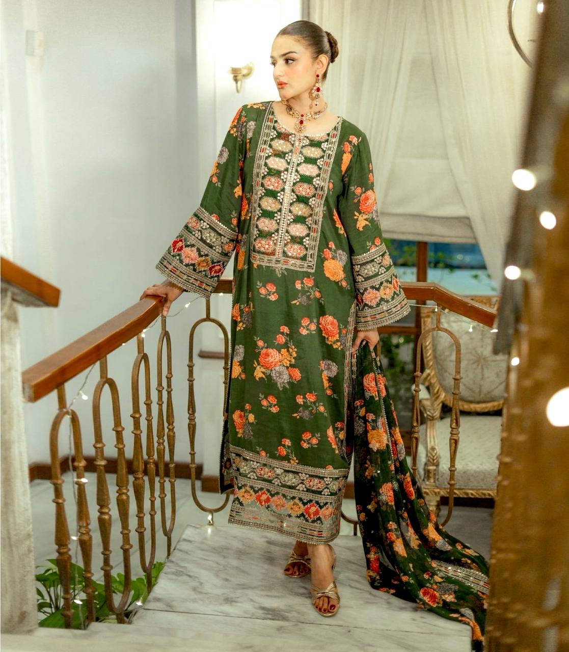 Green digital printed suit with floral design, straight kurta and dupatta for festive and casual wear