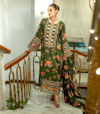 Green digital printed suit with floral design, straight kurta and dupatta for festive and casual wear