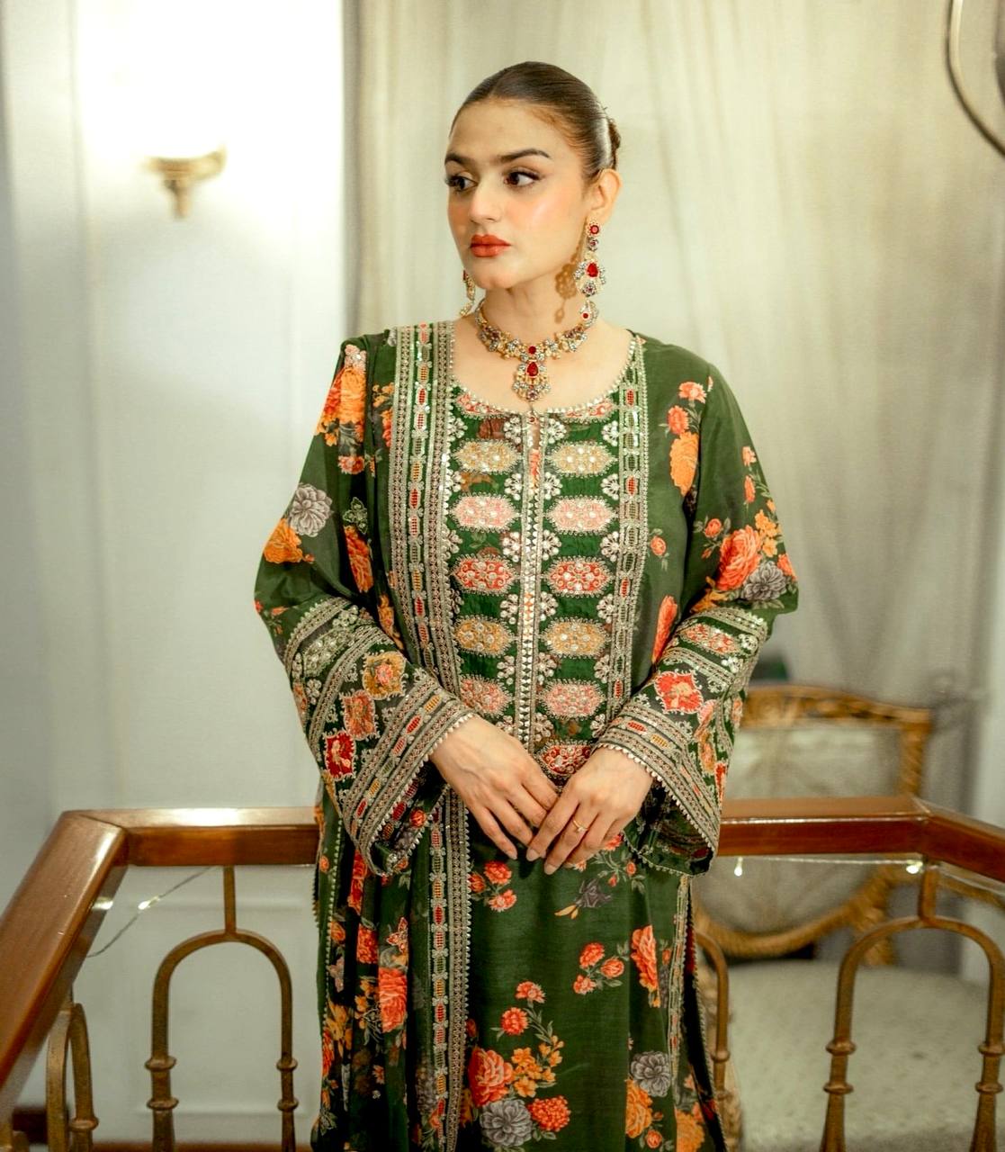 Elegant green digital print ethnic suit set with dupatta for women, perfect for daily and festive wear