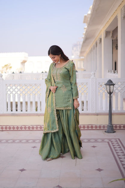 Green embroidered kurti sharara set for festive and wedding wear full look