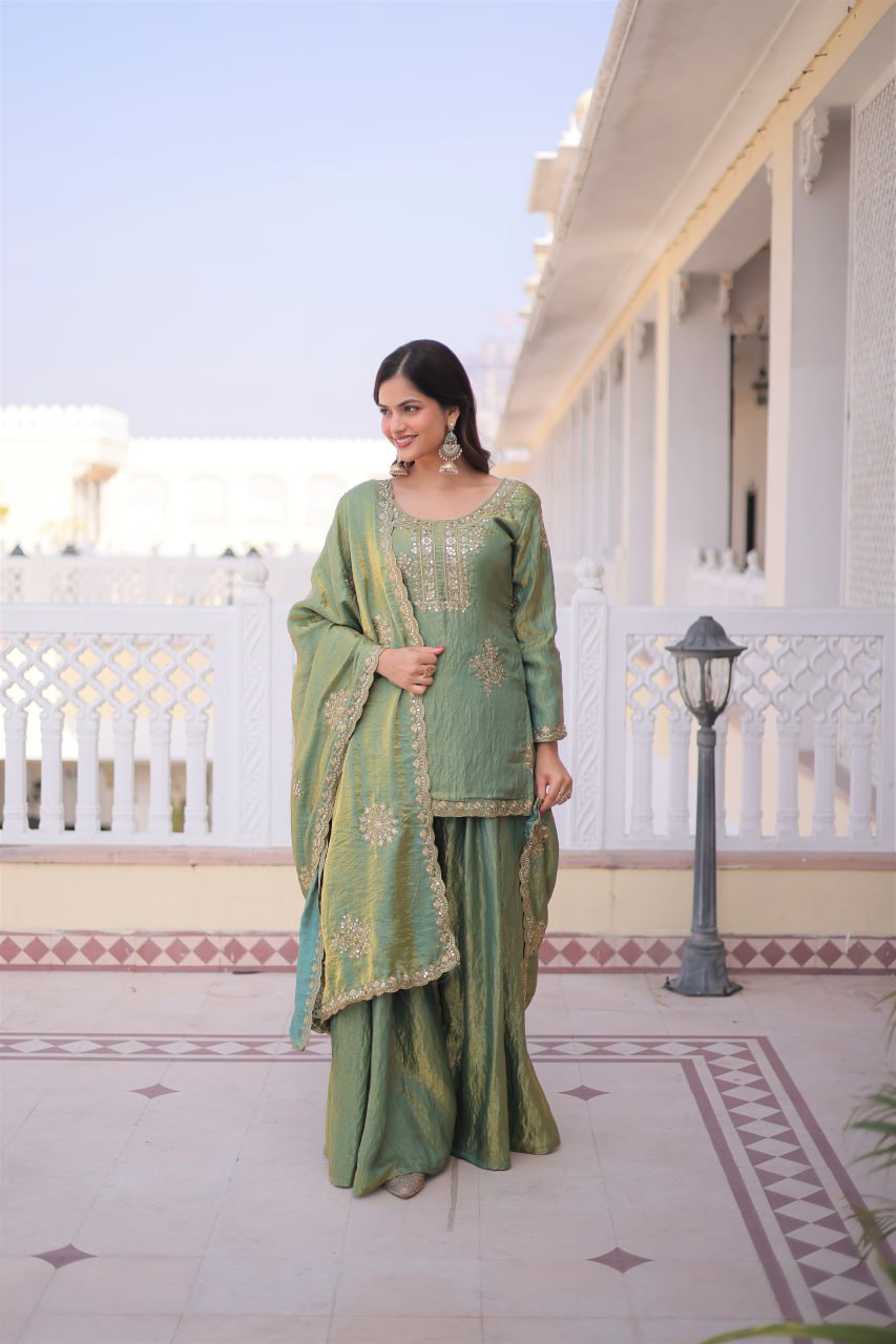 Green fendi crush kurti sharara set with zari sequins embroidery front view