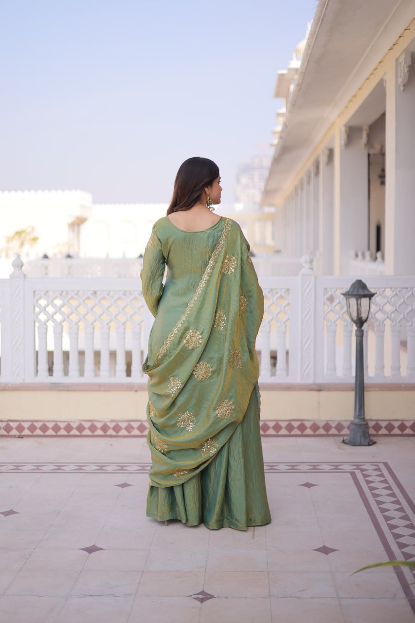 Green festive wear kurti sharara set back view with full sleeves