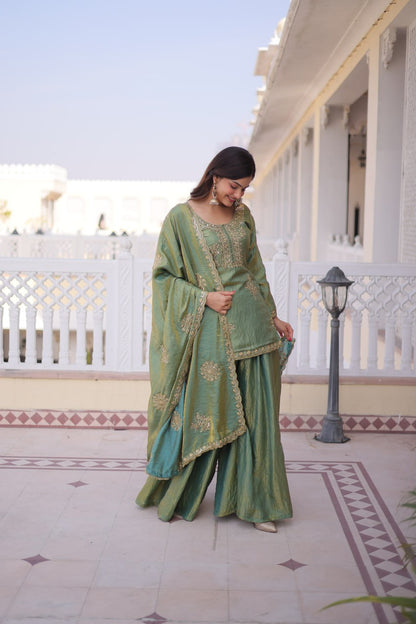 Green fendi crush sharara suit with embroidered dupatta stylish pose