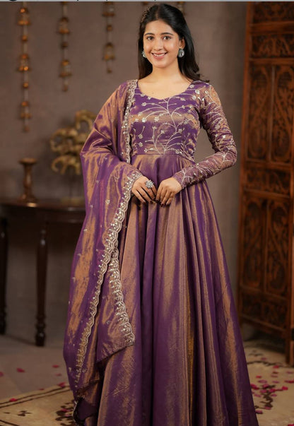 Heavy Cosmos Silk embroidered Anarkali suit front view with dupatta for wedding wear