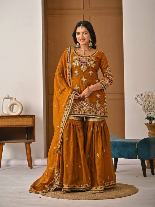 Heavy fandy silk embroidered sharara suit front view with dupatta
