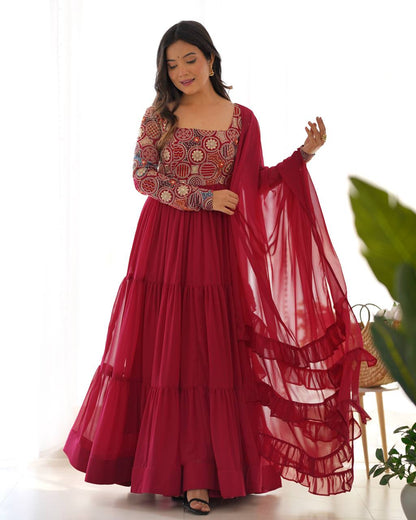 Heavy soft fox georgette Anarkali suit with embroidery work and full flare front view
