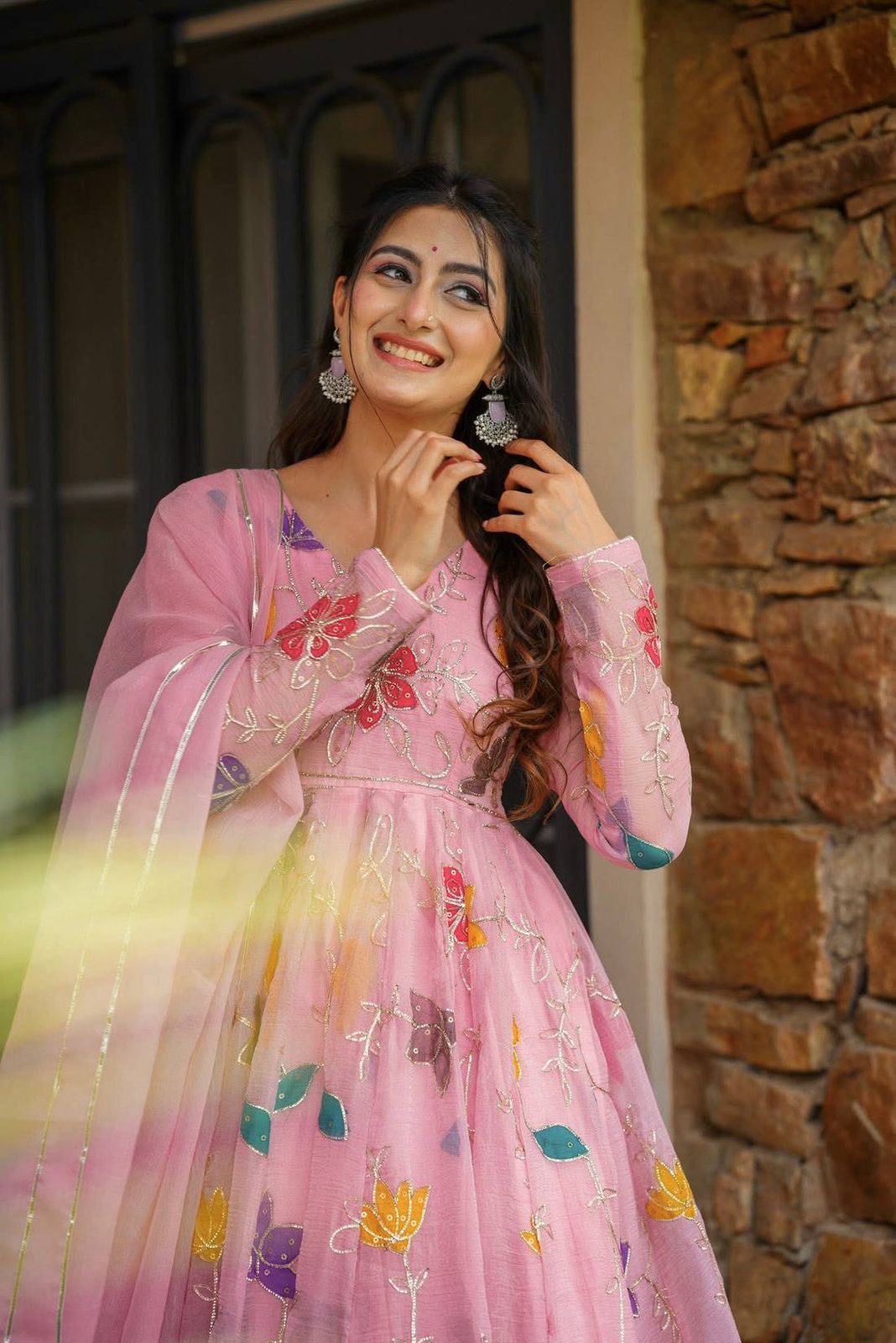 Heavy star georgette dupatta with gota patti lace work paired with gown sharara set