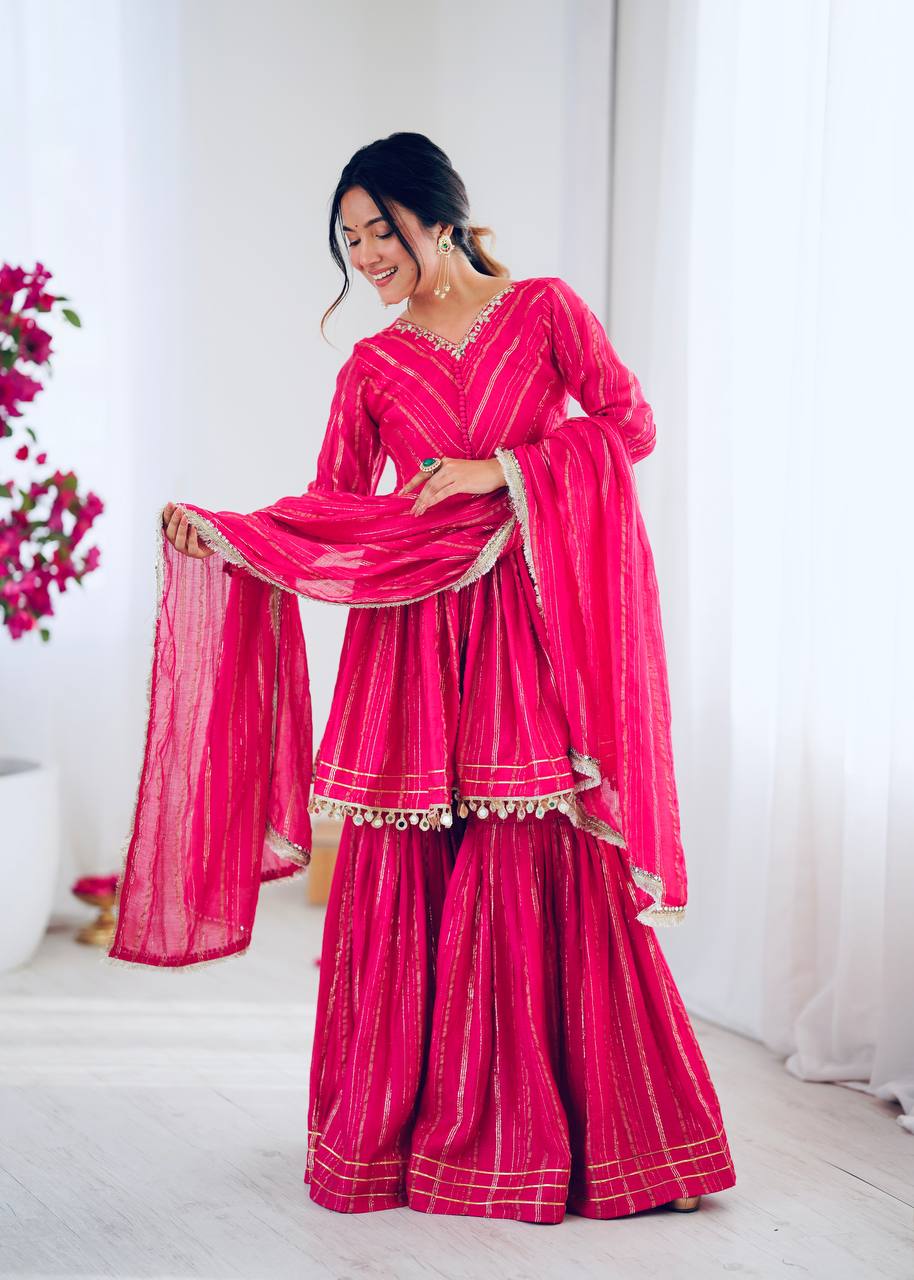 Hot pink and golden sharara suit for women front view with dupatta, elegant festive and wedding ethnic wear