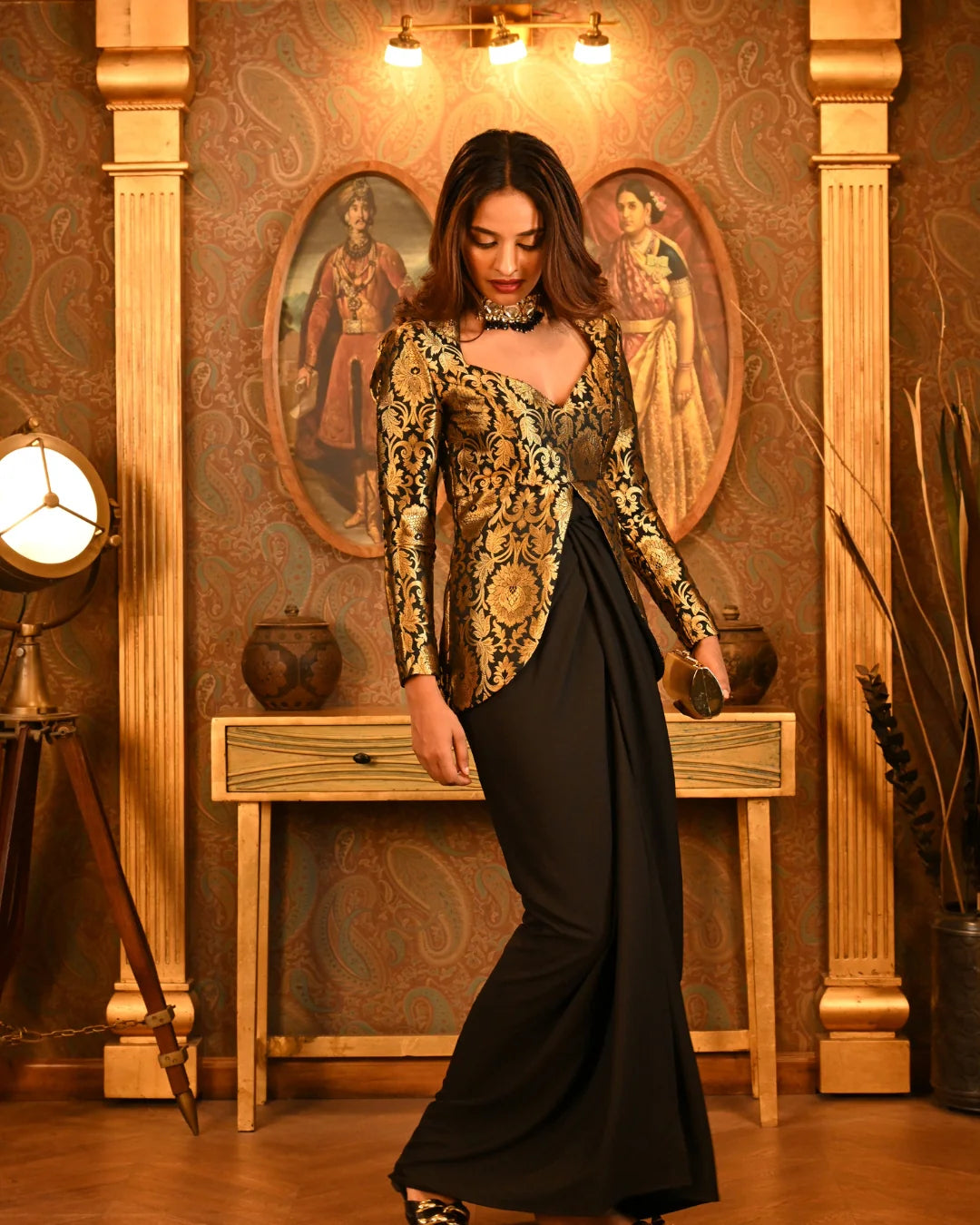 Side view of Indo-Western dress highlighting slit and drape detailing