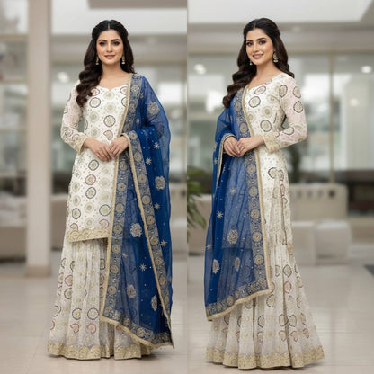 Ivory georgette kurta sharara set with royal blue embroidered dupatta for festive wear