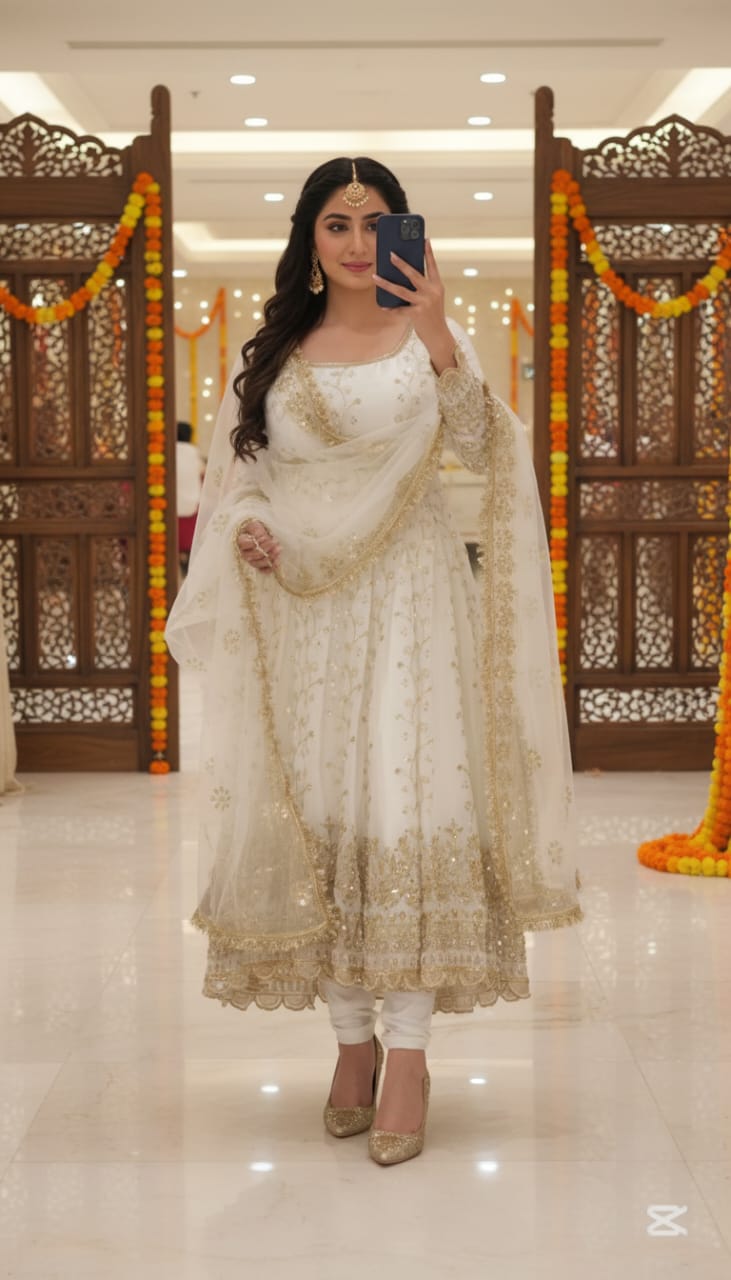 Ivory white heavy embroidered Anarkali suit with dupatta