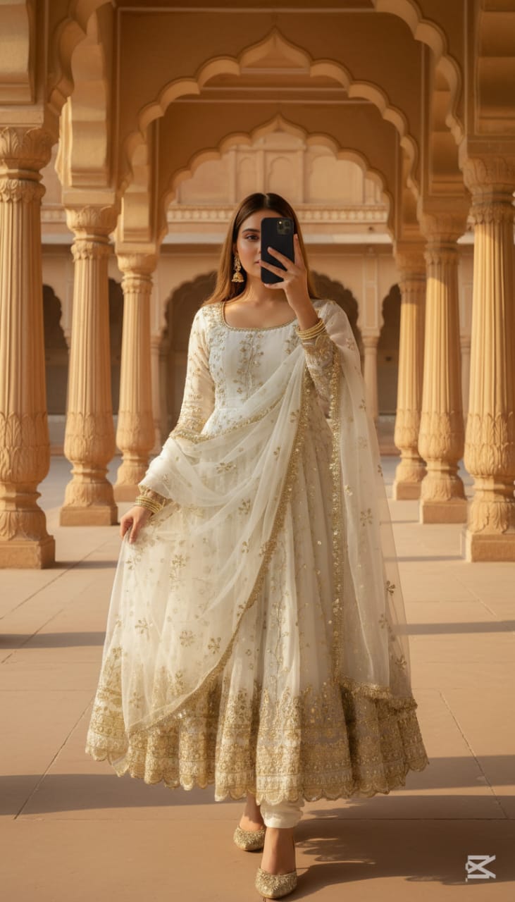 Ivory Anarkali dress with golden embroidery