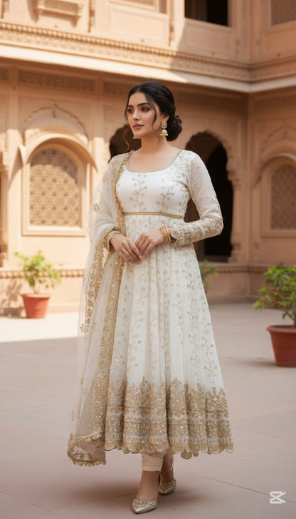 White designer Anarkali suit for wedding wear