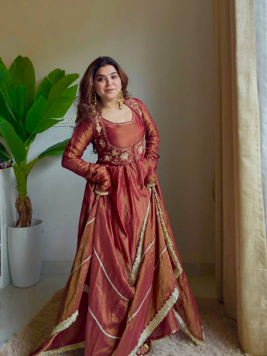 Full flair Koti style Anarkali suit with 4 meter flare and silk fabric
