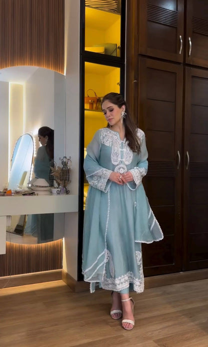 Back side embroidery design of organza silk kurta with satin plazzo set