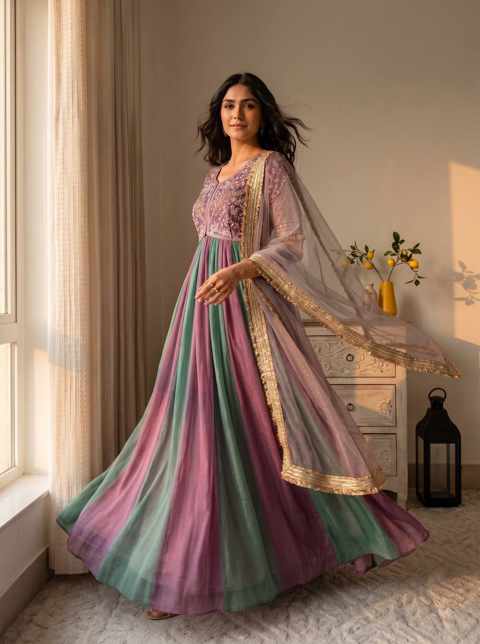 Lavender purple and teal green designer gown with lace bordered dupatta