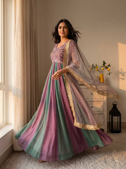 Lavender purple and teal green designer gown with lace bordered dupatta