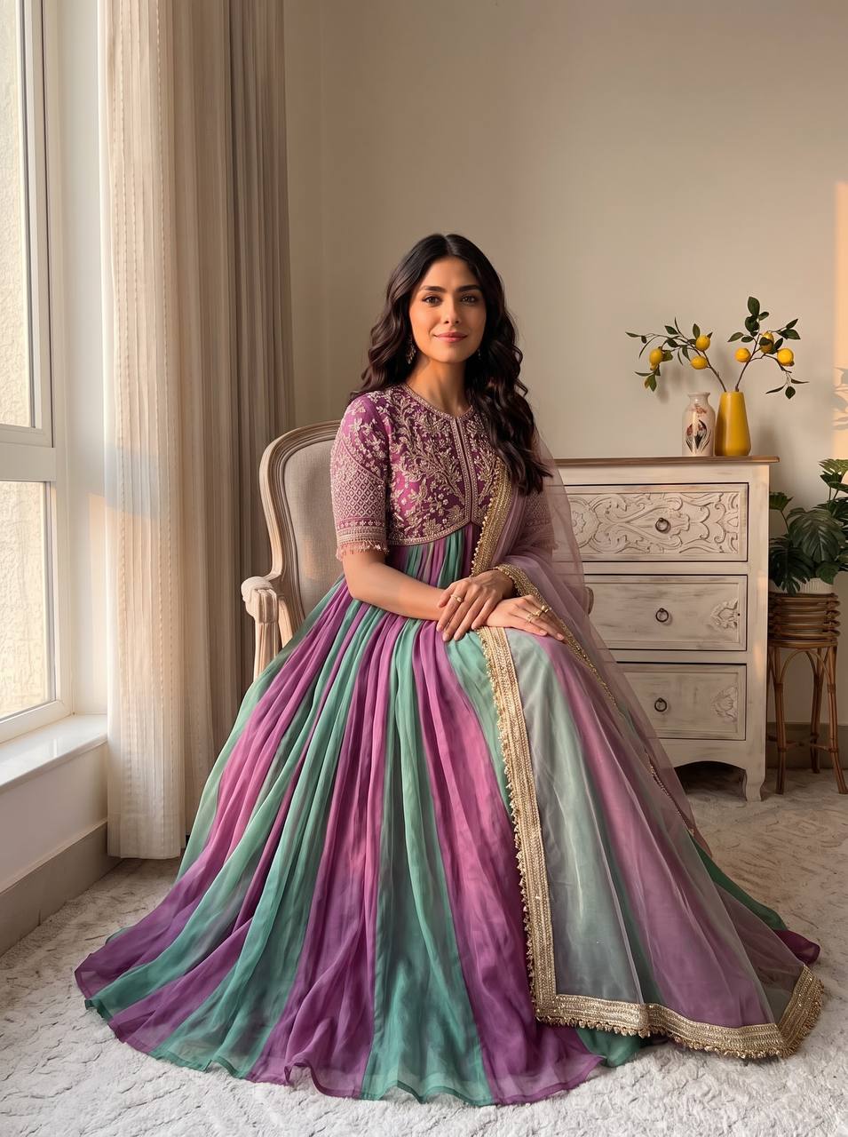 Lavender purple and teal green gown with detailed embroidery and bead work
