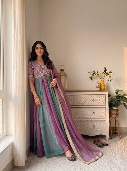 Lavender purple and teal green designer embroidered gown front view
