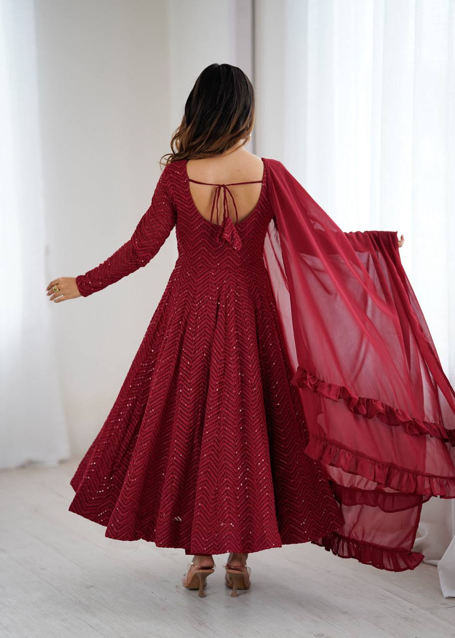 Back view of maroon ready to wear lucknowi anarkali