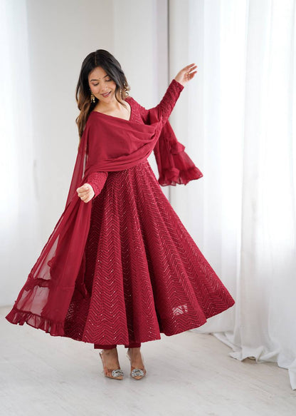 Maroon lucknowi anarkali suit close up embroidery