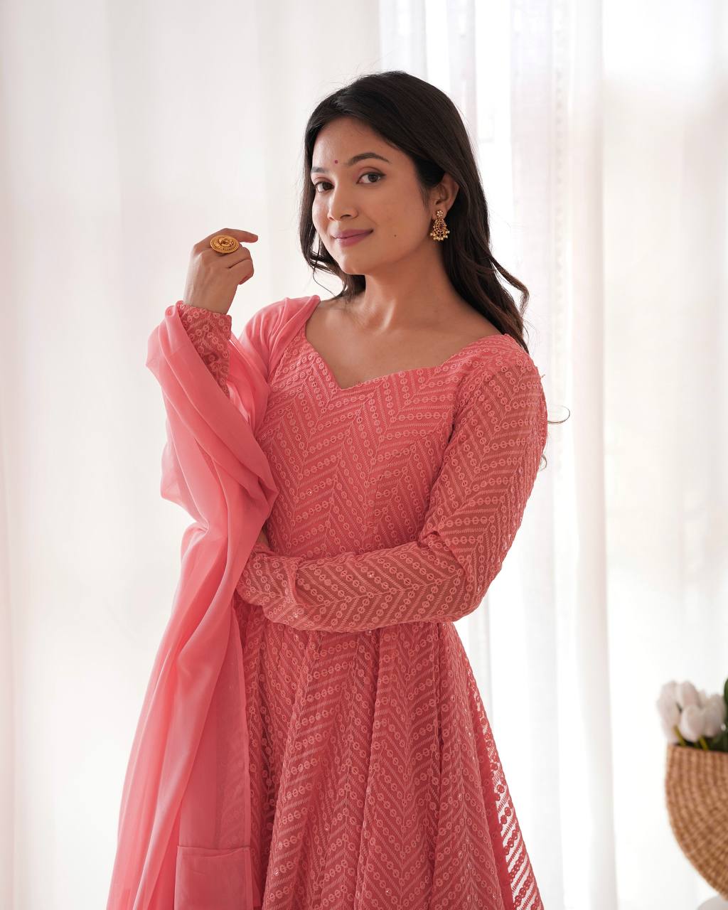 Back view of peach ready to wear lucknowi anarkali