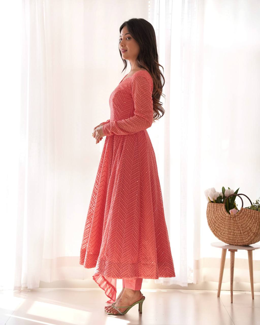 Peach full flare kali cut anarkali suit festive wear