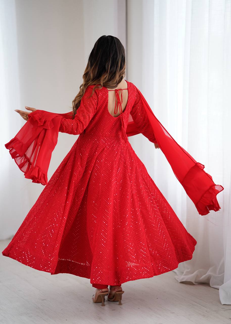 Back view of red ready to wear lucknowi anarkali suit