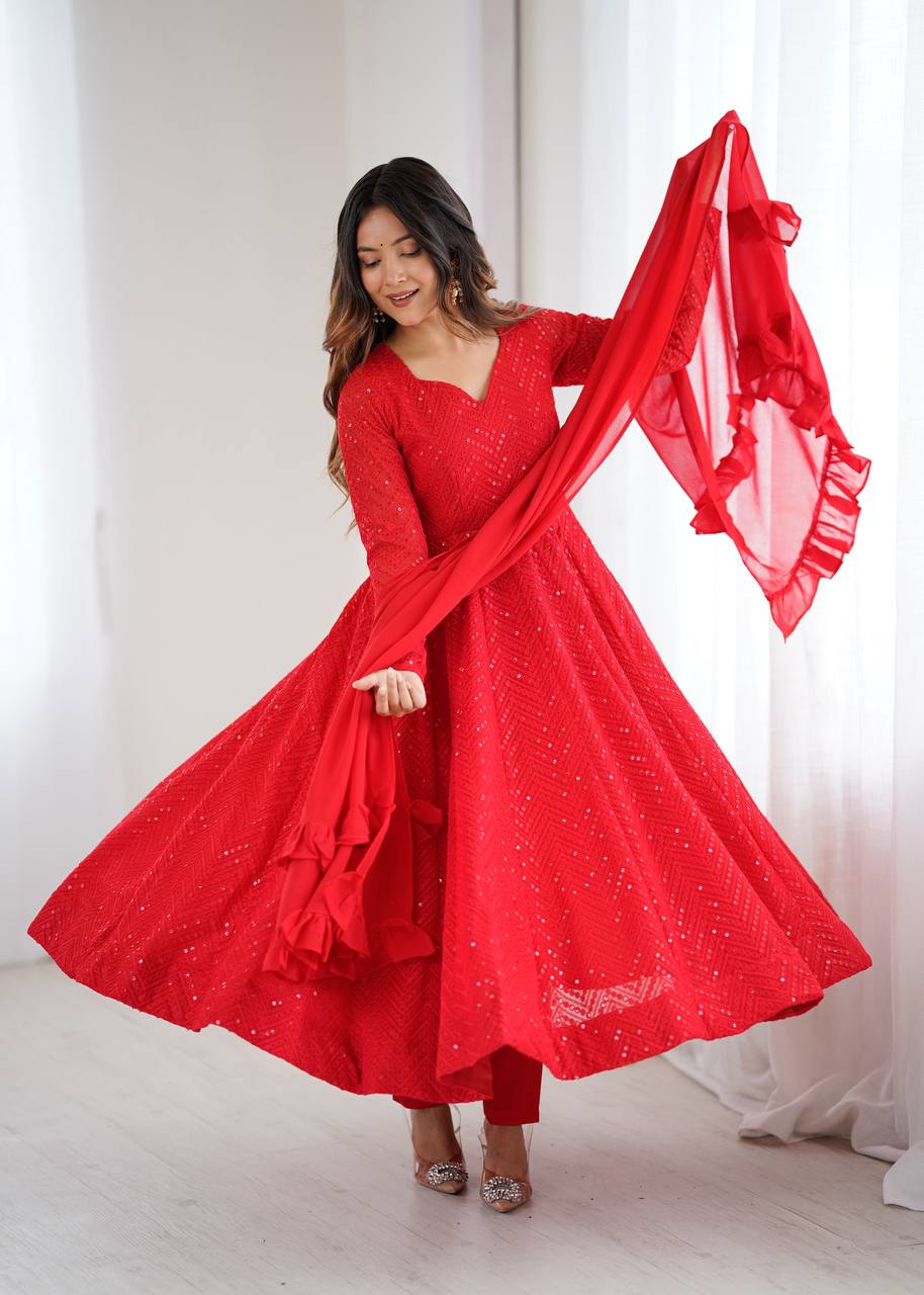 Red lucknowi georgette anarkali suit with sequence work