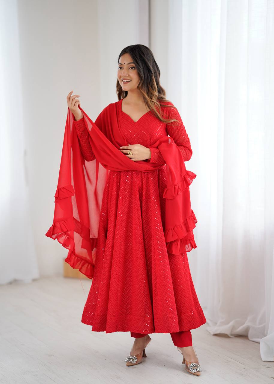 Red full flare kali cut lucknowi anarkali suit