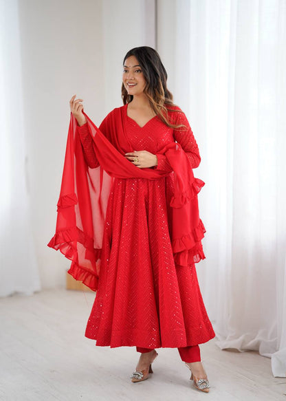 Red full flare kali cut lucknowi anarkali suit