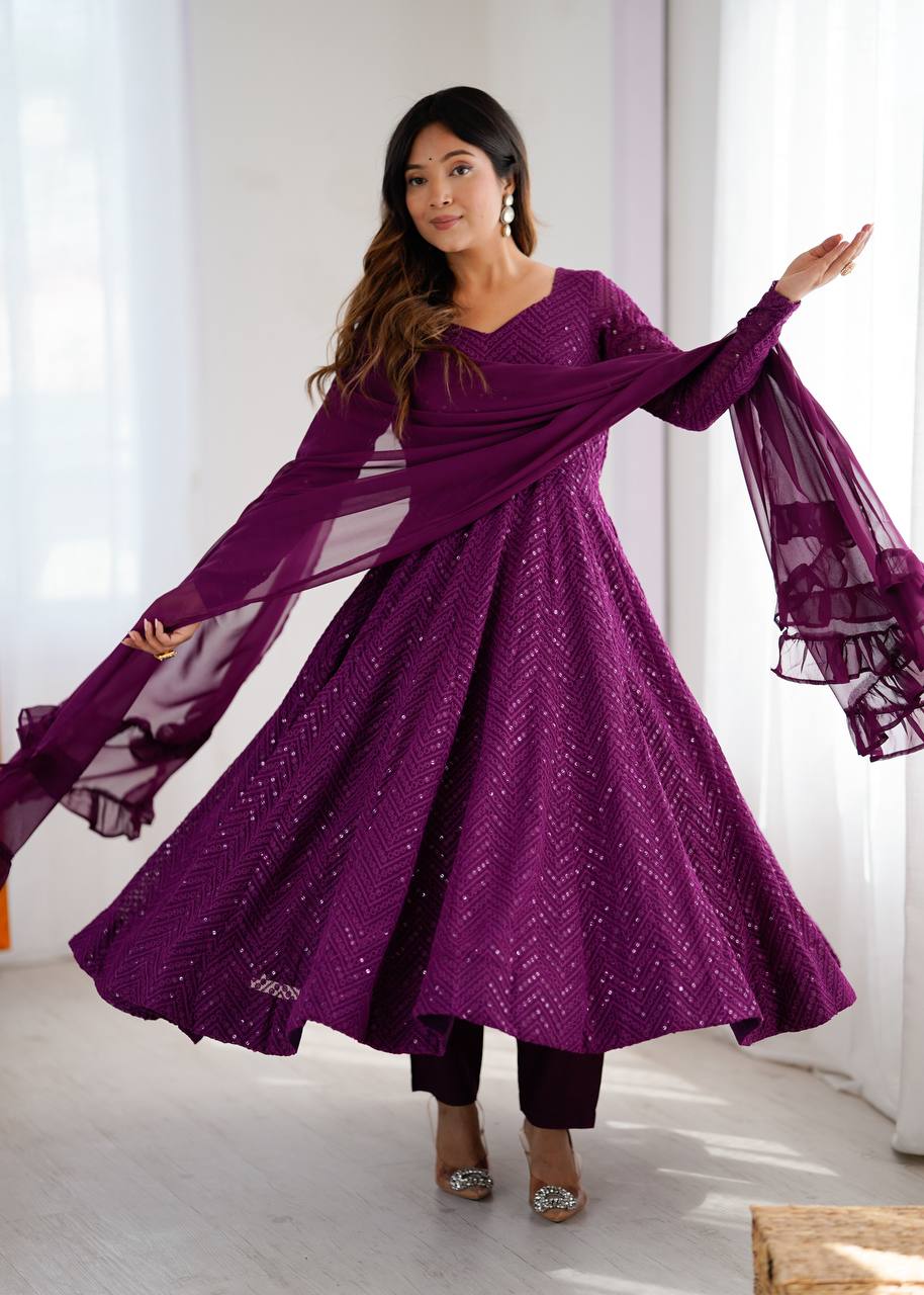 Wine lucknowi georgette anarkali suit with heavy sequence work