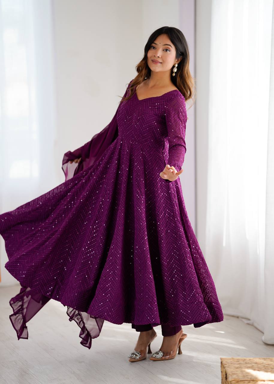 Wine full flare kali cut anarkali suit for wedding
