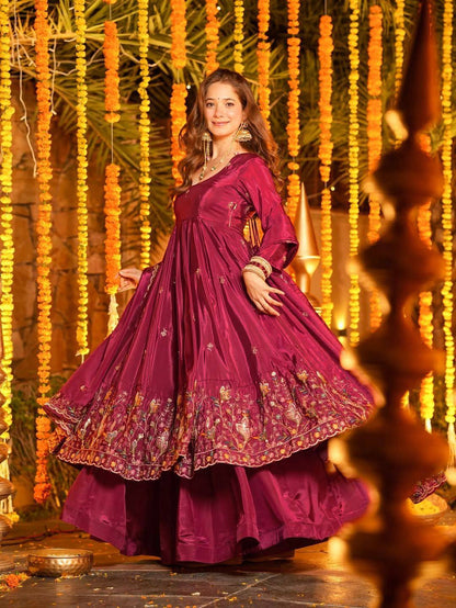 Front look of maroon embroidered anarkali suit for women festive wear