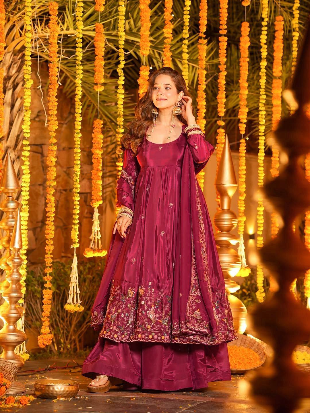 Traditional maroon embroidered anarkali dress for women festive occasion