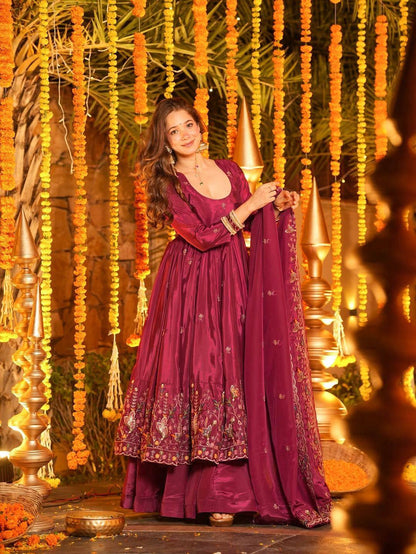 Maroon embroidered anarkali gown with dupatta for women festive ethnic wear