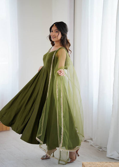 Mehendi green Roman silk Chanderi Anarkali gown with heavy flare and dupatta